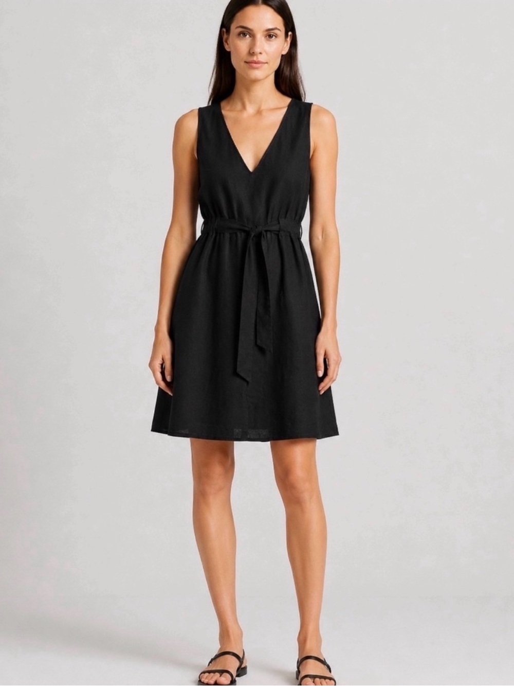 Theory Linen Blend Sleeveless V-Neck Black Tie-Waist Dress